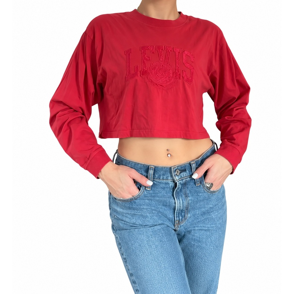 Levis Red Long Sleeve Cropped T-Shirt Embroidered Logo